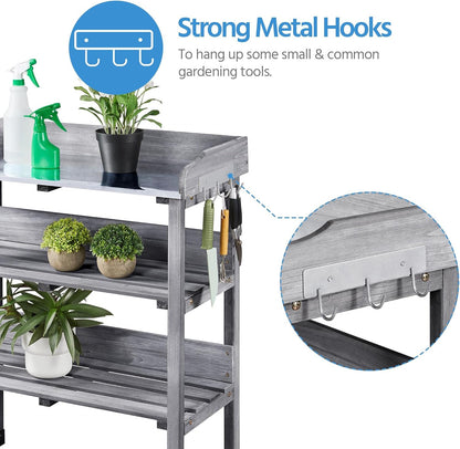 Yaheetech Outdoor Garden Potting Bench Table Wooden Horticulture Planting Worstation w/Metal Tabletop/Storage Shelf/3 Hooks, Natural Wood