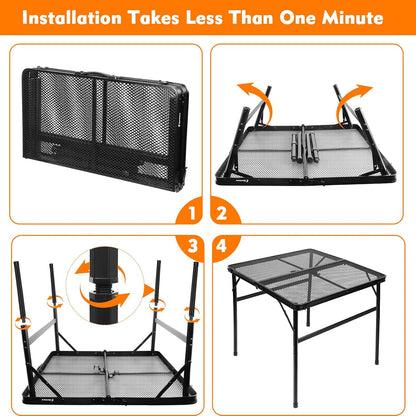 2Ft Small Folding Table with Carry Handle, Camping Table Adjustable Height 10.6–22 in, Black Metal Mesh, Portable & Compact for Outdoor/Indoor,Grill Table, 23.6×15.8 in, 4 lb, 66 lb Capacity