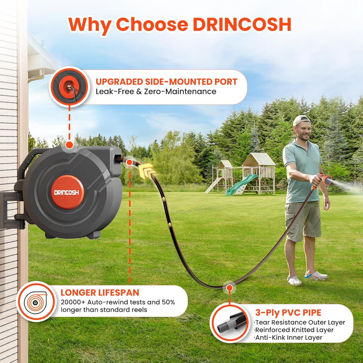 Retractable Garden Hose Reel 90 ft 5/8 inch Automatic Rewind with Any-Length Lock 9 Pattern Nozzle Sprayer 180° Swivel Wall-Mounted Hose Reel for Home Yards