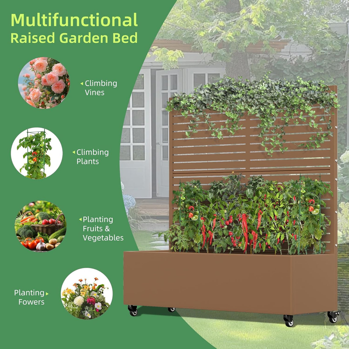 Casaphoria Metal Raised Garden Bed with Trellis and Wheels, 72"x47"x16" Planter Box for Climbing Plants, Vegetables & Vines, Features Drainage Holes and Privacy Screen (Black-Louver) - Colors C