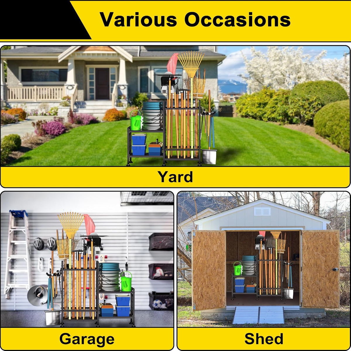 3 Tier Garden Tool Organizer, Garage Storage and Organization, Metal Yard Tools Storage up to 78 Tools, Heavy Duty Garden Tool Organizer for Garage, Yard, Patio, Shed, Indoors and Outdoors, Black