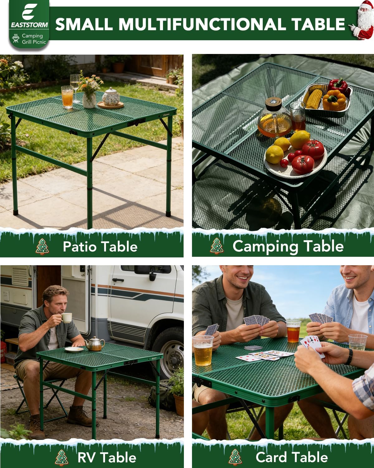 2Ft Small Folding Table with Carry Handle, Camping Table Adjustable Height 10.6–22 in, Black Metal Mesh, Portable & Compact for Outdoor/Indoor,Grill Table, 23.6×15.8 in, 4 lb, 66 lb Capacity