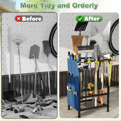 Garden Tool Organizer, Garden Yard Tool Rack for Garage, Garage Organization and Storage, Metal Yard Tools Storage up to 46 Tools/Rake/Broom/shovel/, Suitable for Garage, Yard, Patio, Shed