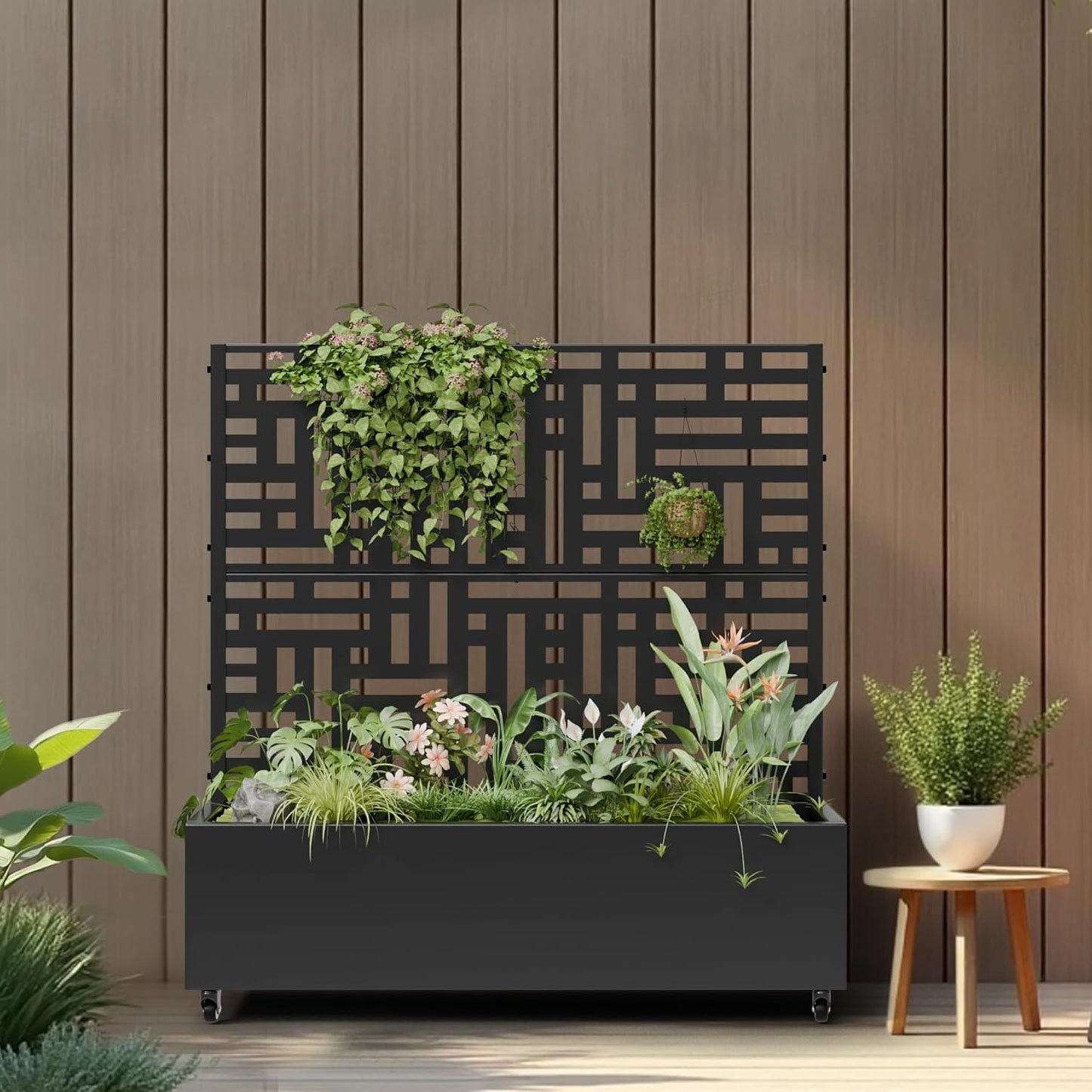 Casaphoria Metal Raised Garden Bed with Trellis and Wheels, 72"x47"x16" Planter Box for Climbing Plants, Vegetables & Vines, Features Drainage Holes and Privacy Screen (Black-Louver) - Colors B