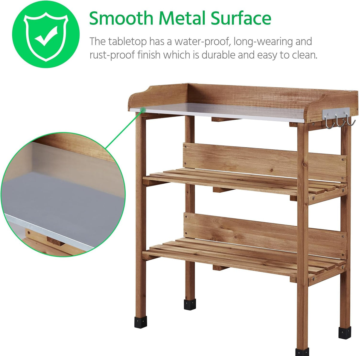 Yaheetech Outdoor Garden Potting Bench Table Wooden Horticulture Planting Worstation w/Metal Tabletop/Storage Shelf/3 Hooks, Natural Wood