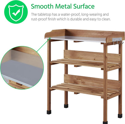 Yaheetech Outdoor Garden Potting Bench Table Wooden Horticulture Planting Worstation w/Metal Tabletop/Storage Shelf/3 Hooks, Natural Wood
