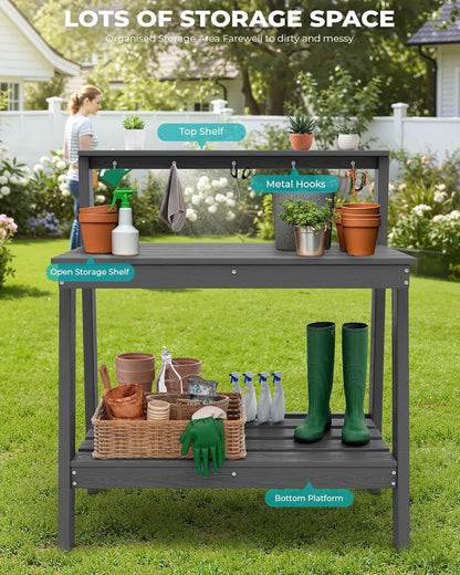 SERWALL Outdoor Potting Bench with Removeable Sink,Rot-Resistant HDPE Potting Table for Outside Gardening, All Weather Use - Gray