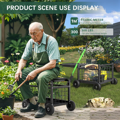 FLINTER Rolling Garden Work Seat with Wheels, Upgraded Heavy Duty Gardenning Cart with Seat - Garden Rolling Stools with Wheels for Seniors, Lawn, Patio & Backyard Gardening, Green