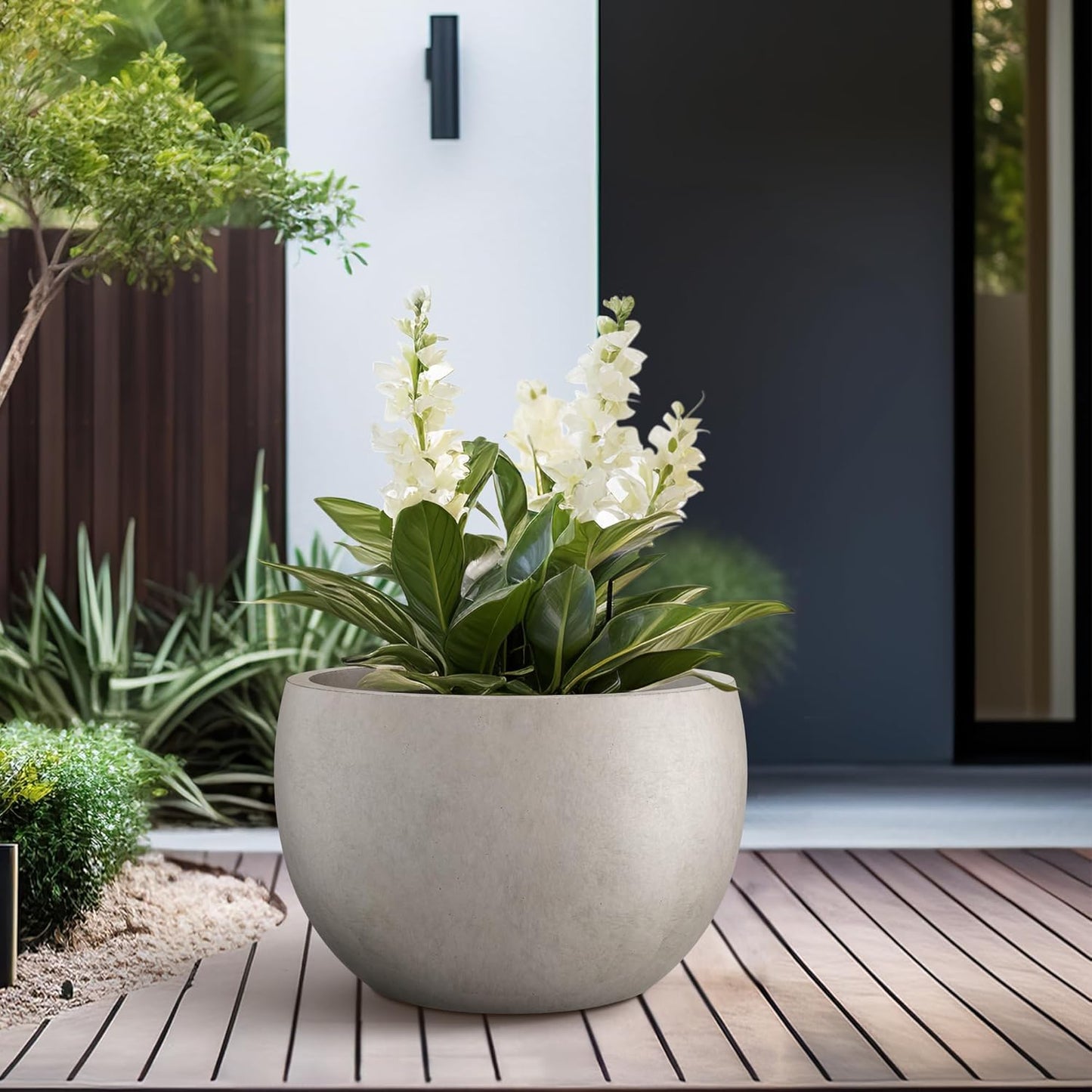 Large Round Bowl Vintage BRN Concrete Planter 19.9" Dia, Outdoor