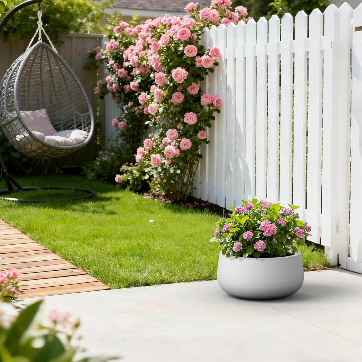 Kante 15.7" Dia Round Concrete Planter, Outdoor Indoor Garden Plant Pots with Drainage Hole and Rubber Plug, Modern Curvaceous Design, Slate Gray