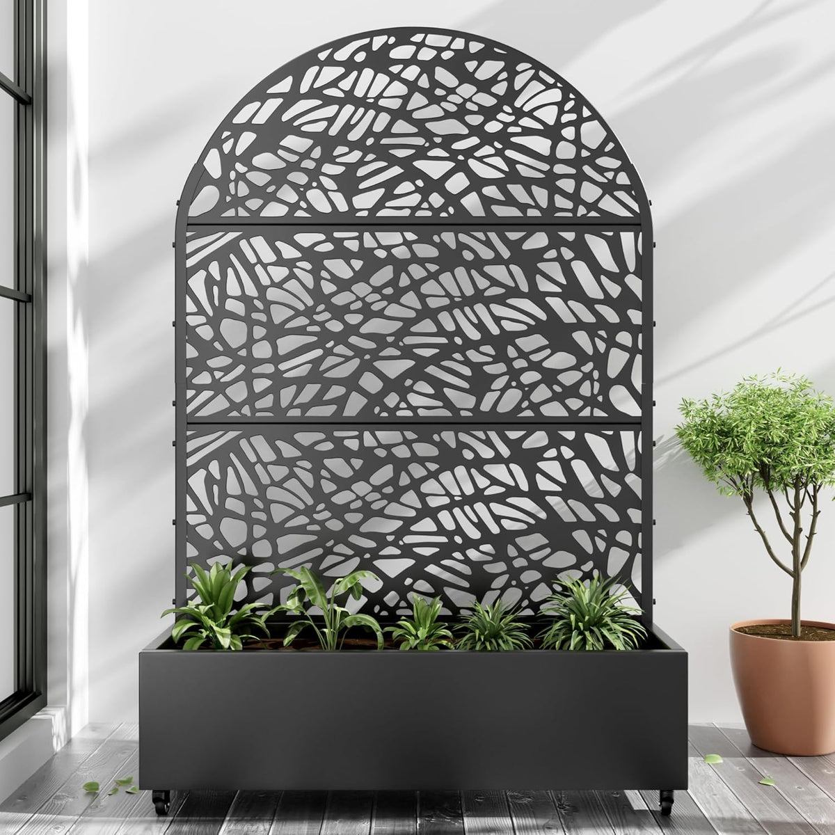 Casaphoria Metal Raised Garden Bed with Trellis and Wheels, 72"x47"x16" Planter Box for Climbing Plants, Vegetables & Vines, Features Drainage Holes and Privacy Screen (Black-Louver) - Colors D