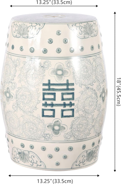 JONATHAN Y Double Happiness 18" Ceramic Garden Stool, Traditional Chinoiserie Dusty Teal and White Indoor/Outdoor Patio Drum Accent Side Table and Plant Stand TBL1013C