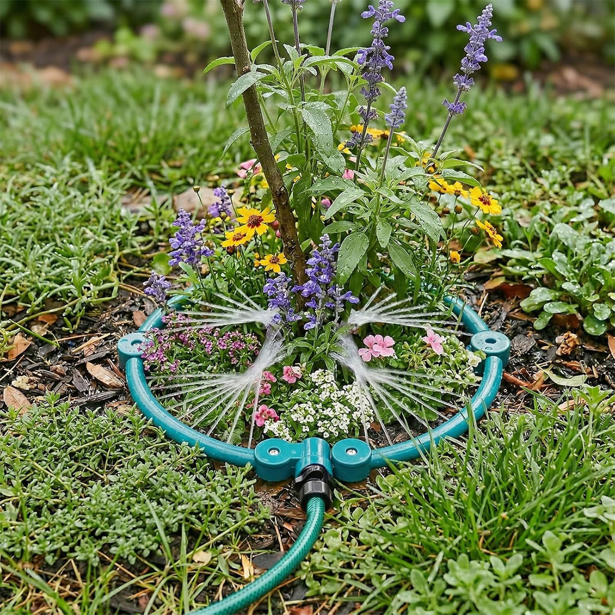 4 Pcs 360° Tree Water System Tree Root Watering Ring 13 Inch Circle Sprinkler Irrigation Slow Release Targeted Water with Y Hose Splitter for New Tree Outdoor Plants Raised Garden Beds (Green, Small)
