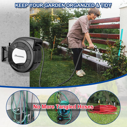 100 FT x 1/2" Retractable Garden Hose Reel by HOZEREEL, Decorative Outdoor Garden Hose Reels - Automatic Self Retract Wall Mount Hose Reel Enclosed Storage, Any Length Lock, 10 Pattern Nozzle Black