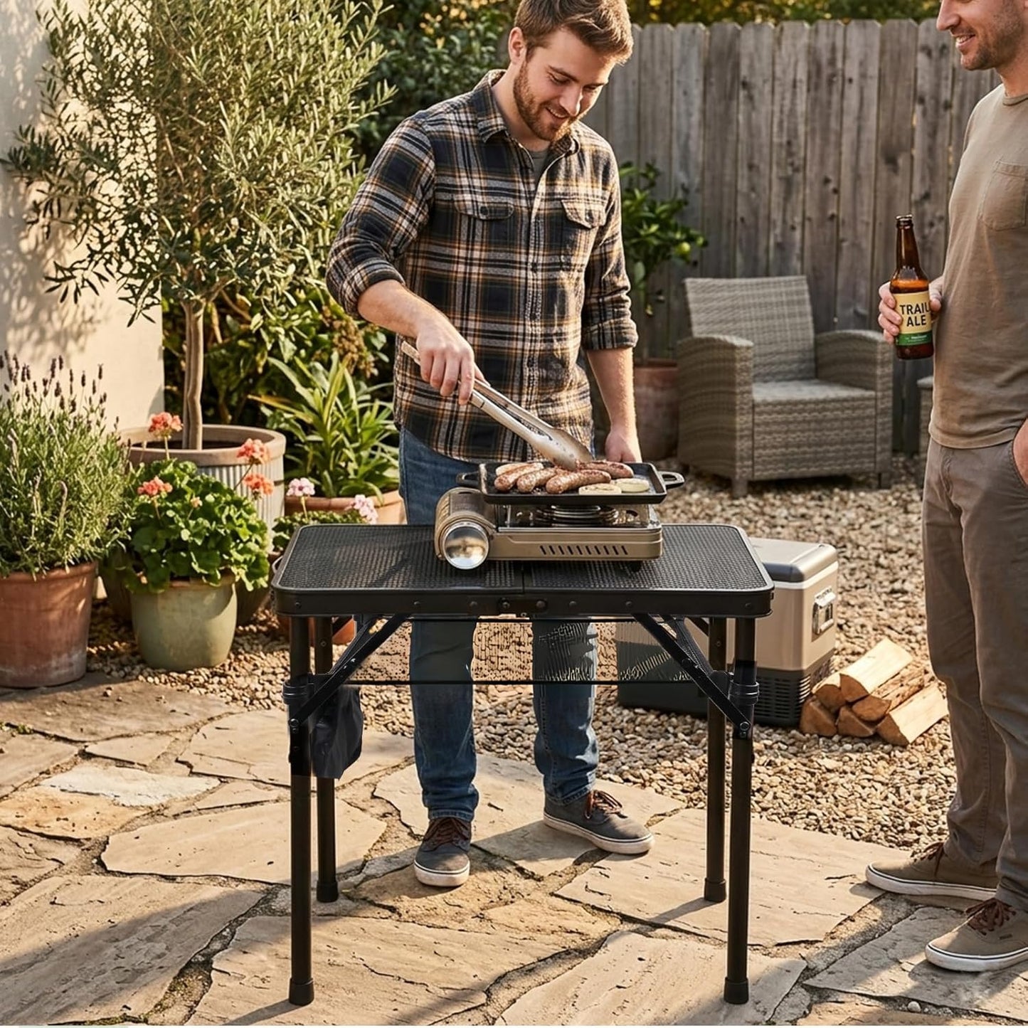 2Ft Small Folding Table with Carry Handle, Camping Table Adjustable Height 10.6–22 in, Black Metal Mesh, Portable & Compact for Outdoor/Indoor,Grill Table, 23.6×15.8 in, 4 lb, 66 lb Capacity