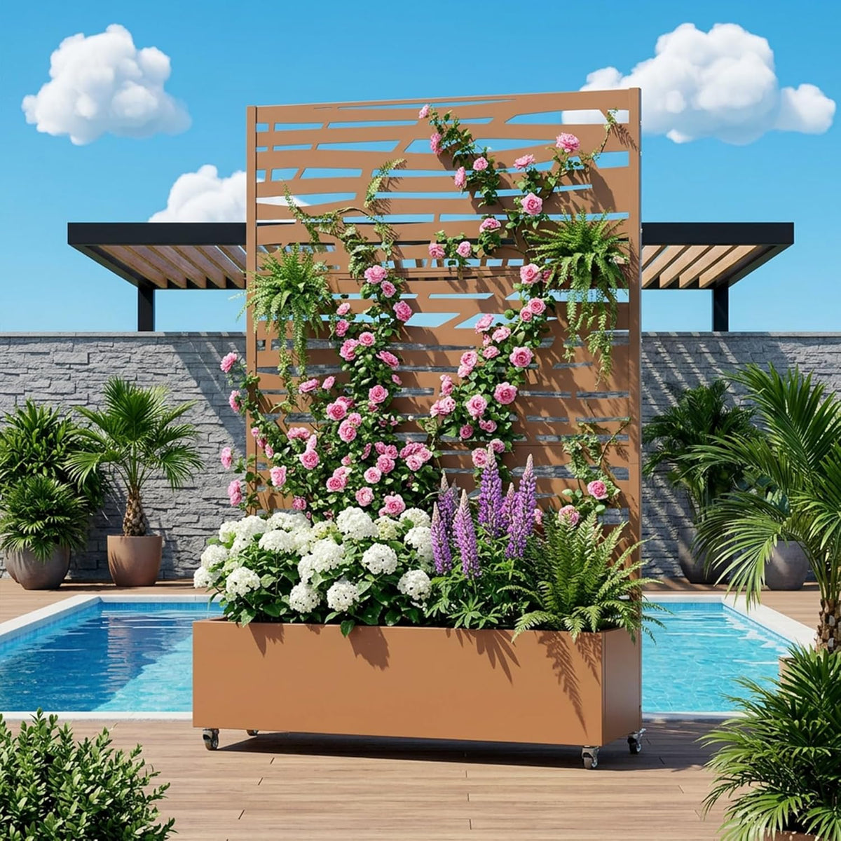 Casaphoria Metal Raised Garden Bed with Trellis and Wheels, 72"x47"x16" Planter Box for Climbing Plants, Vegetables & Vines, Features Drainage Holes and Privacy Screen (Black-Louver) - Colors D