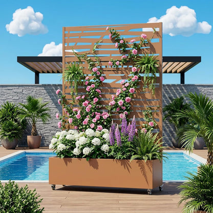 Casaphoria Metal Raised Garden Bed with Trellis and Wheels, 72"x47"x16" Planter Box for Climbing Plants, Vegetables & Vines, Features Drainage Holes and Privacy Screen (Black-Louver) - Colors D