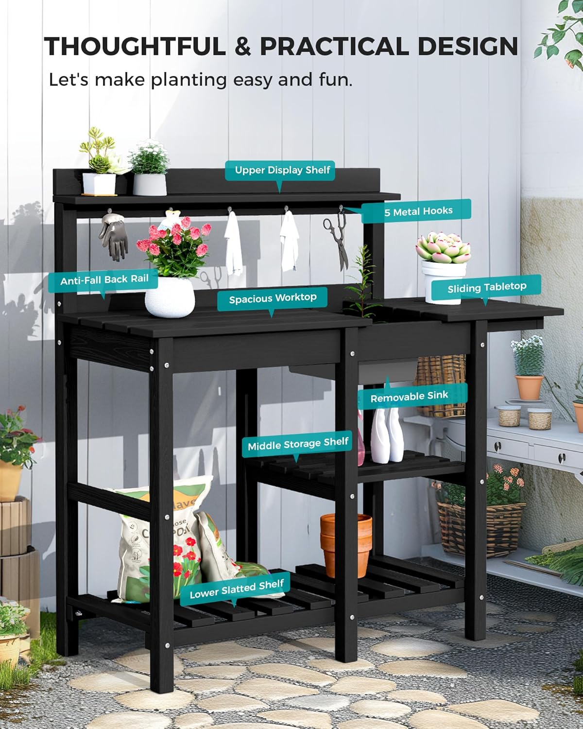 SERWALL Outdoor Potting Bench with Removeable Sink,Rot-Resistant HDPE Potting Table for Outside Gardening, All Weather Use - Gray