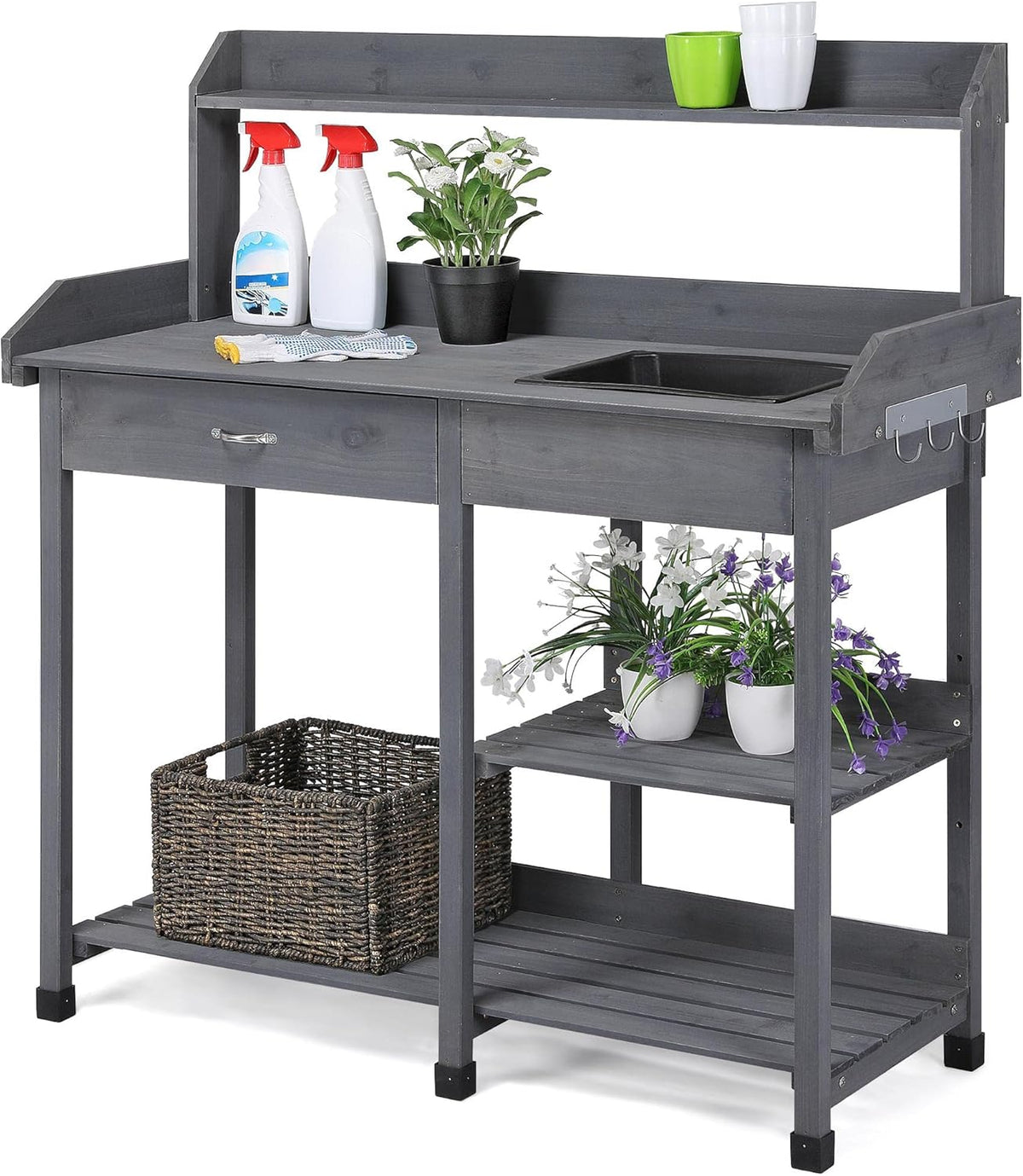 Yaheetech Potting Bench Outdoor Garden Work Bench Station Planting Solid Wood Construction for Horticulture w/Sink Drawer Rack Shelves Natural Wood