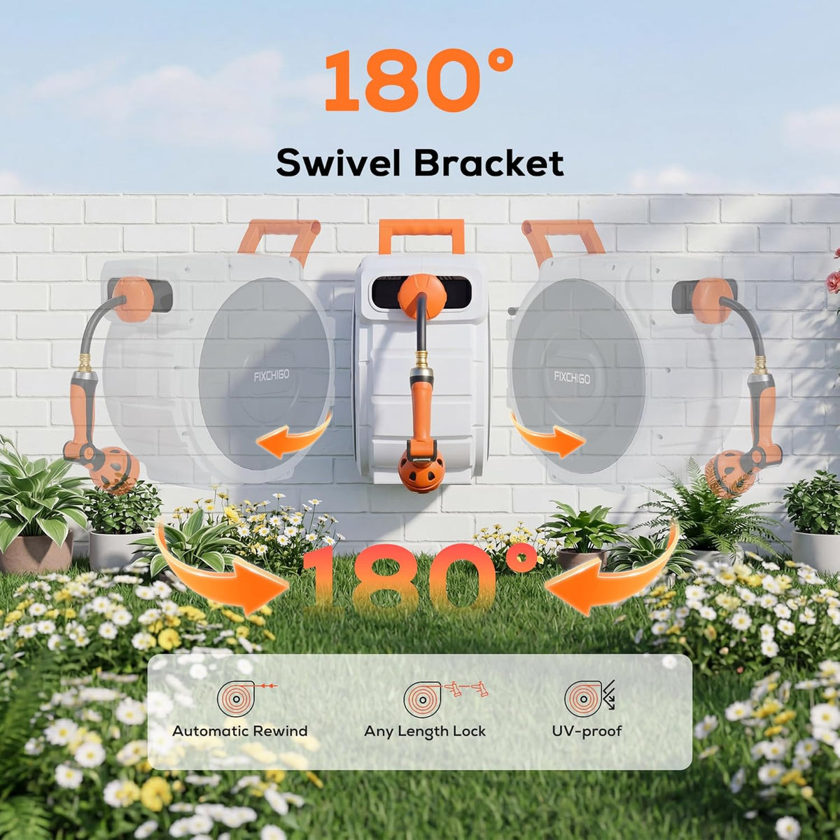 Retractable Hose Reel 5/8" x 100 FT, Heavy-Duty Garden Hose with Aluminum Bracket & Brass Seal, 10-Pattern Nozzle, Auto Rewind & Any-Length Lock, 180 Swivel, Wall Mount for Yard Lawn Patio