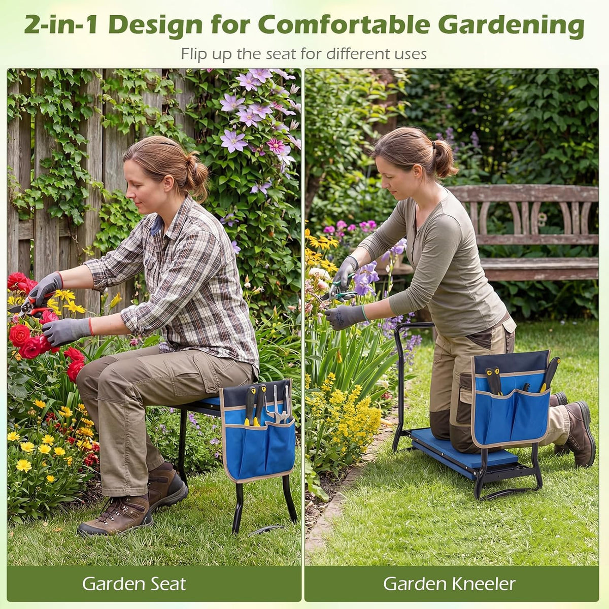 2-in-1 Garden Kneeler & Seat, Folding Seat w/EVA Foam Kneeling Pad & Removable Tools Pouch, Sturdy Steel Frame, No Assembly, Portable Heavy Duty Garden Stool for Women & Men