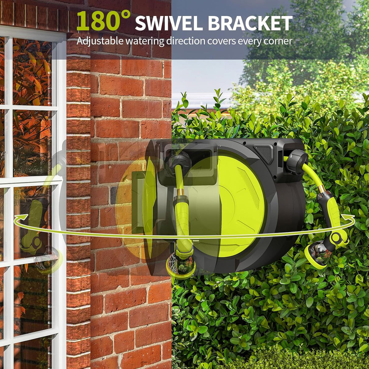 Fenbeli 50 FT Retractable Garden Hose Reel, Wall Mounted Auto Rewind, Any Length Lock, 10 Pattern Nozzle, 180° Swivel Bracket, Burst-Resistant Hose, Brass Fittings for Yard, Garden, Patio, Car Wash