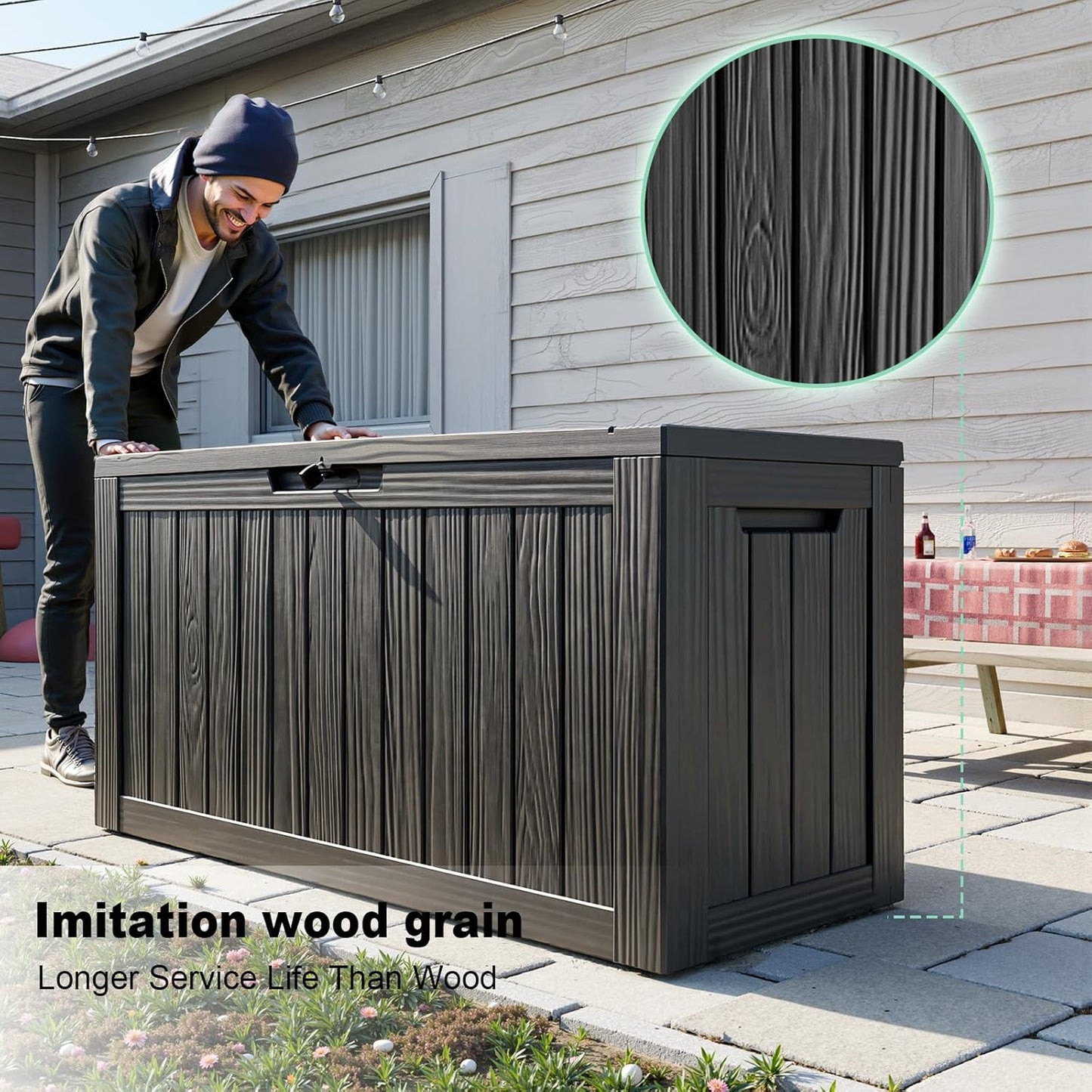 30 Gallon Outdoor Deck Box, Lockable Waterproof Outdoor Storage Boxes For Garden Tools,Indoor Cushions,Accessories Outside Storage Resin Weatherproof Container(Black)