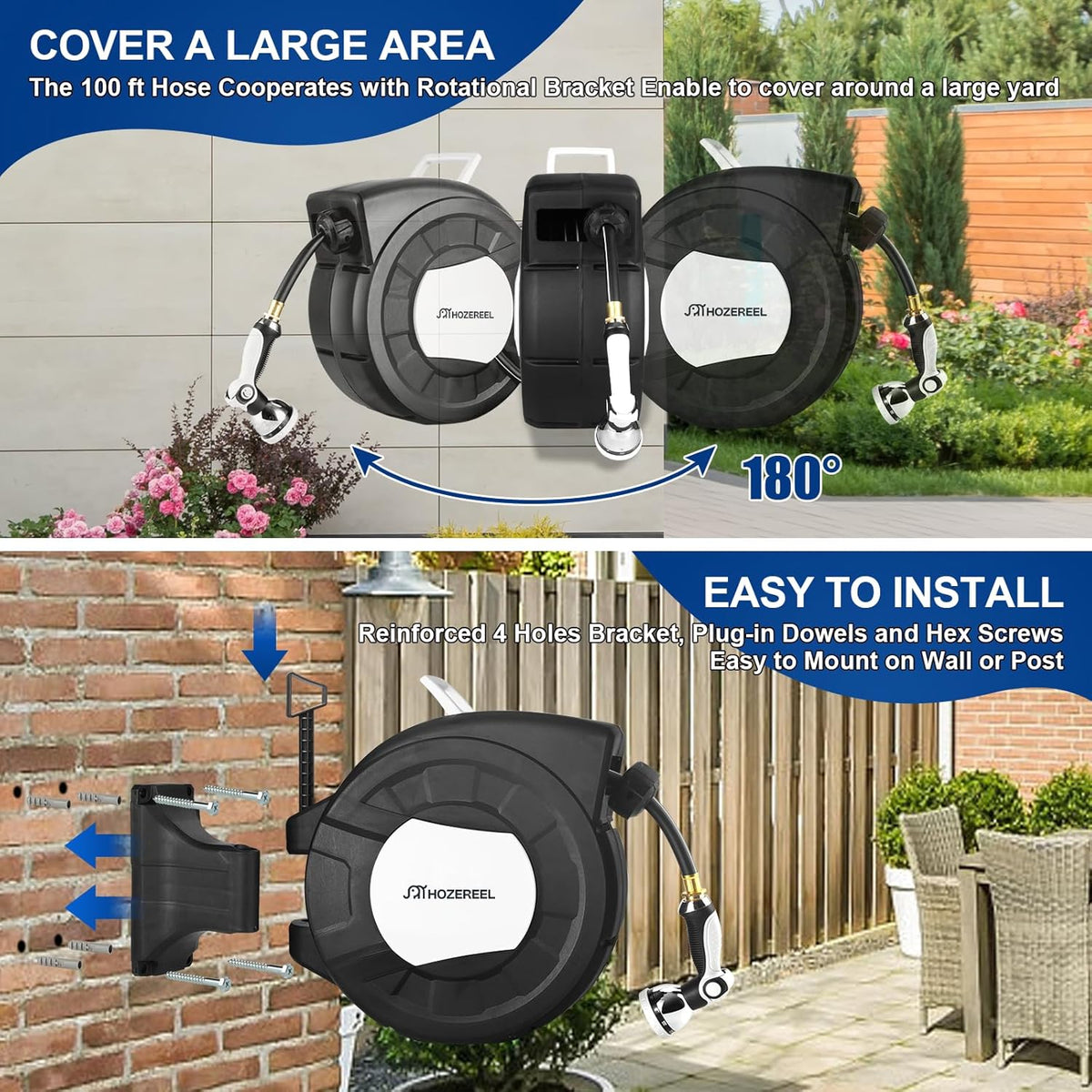 100 FT x 1/2" Retractable Garden Hose Reel by HOZEREEL, Decorative Outdoor Garden Hose Reels - Automatic Self Retract Wall Mount Hose Reel Enclosed Storage, Any Length Lock, 10 Pattern Nozzle Black