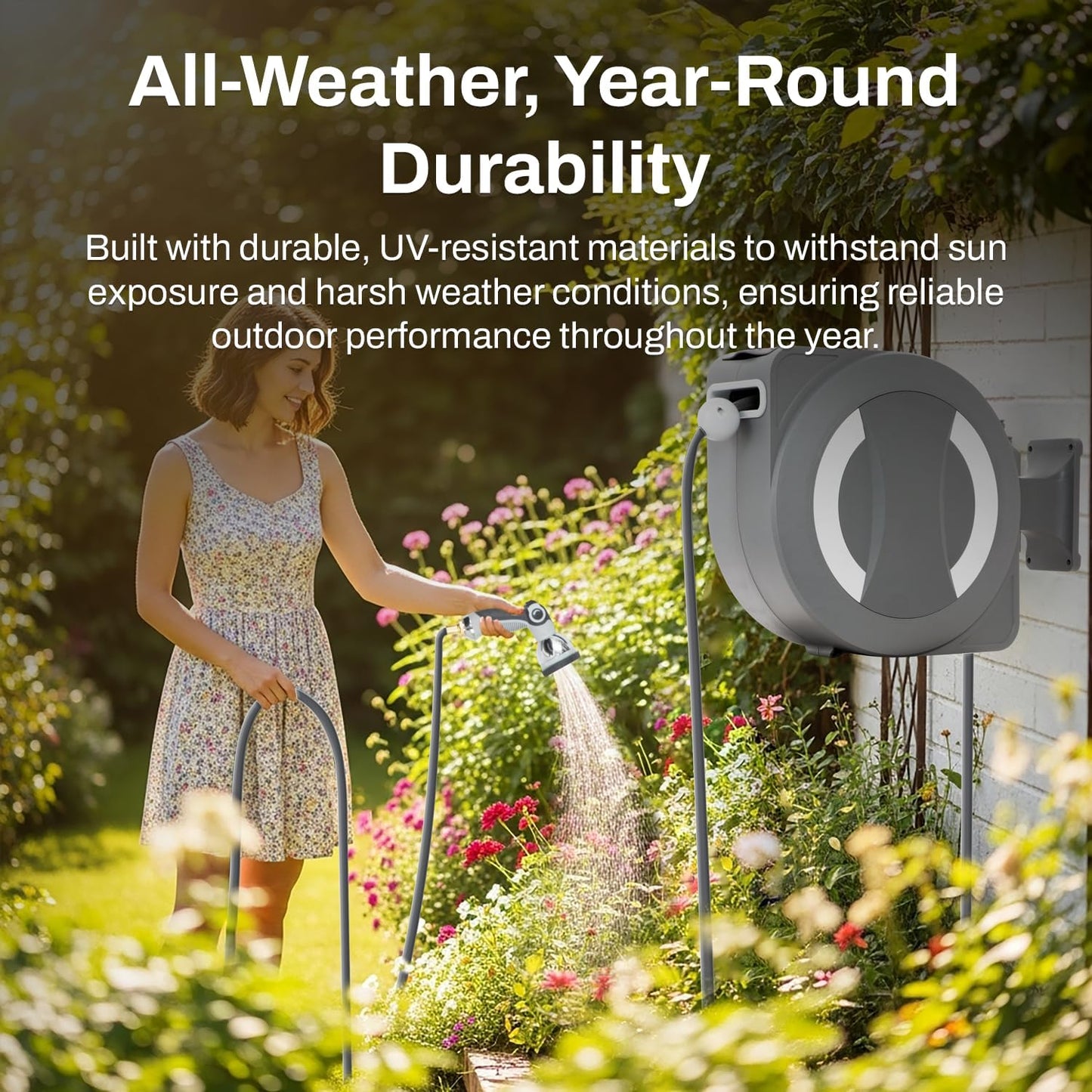Betta EaseReel Battery-Powered Wall-Mounted Retractable Hose Reel, with Quick-Access Dual Hose Length Control, 8 Spray Patterns Nozzle, Automatic Roll-Up & Tangle-Free Hose Guide (1/2'', 100FT/30m)
