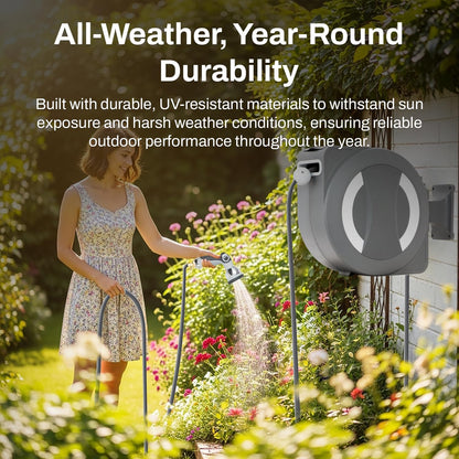 Betta EaseReel Battery-Powered Wall-Mounted Retractable Hose Reel, with Quick-Access Dual Hose Length Control, 8 Spray Patterns Nozzle, Automatic Roll-Up & Tangle-Free Hose Guide (1/2'', 100FT/30m)