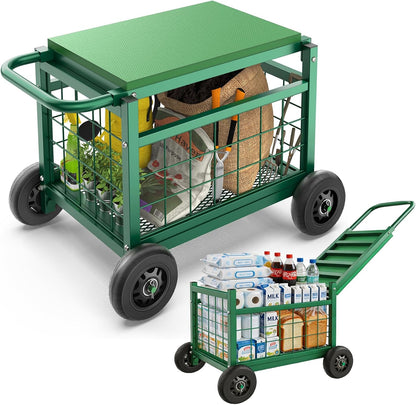 FLINTER Rolling Garden Work Seat with Wheels, Upgraded Heavy Duty Gardenning Cart with Seat - Garden Rolling Stools with Wheels for Seniors, Lawn, Patio & Backyard Gardening, Green