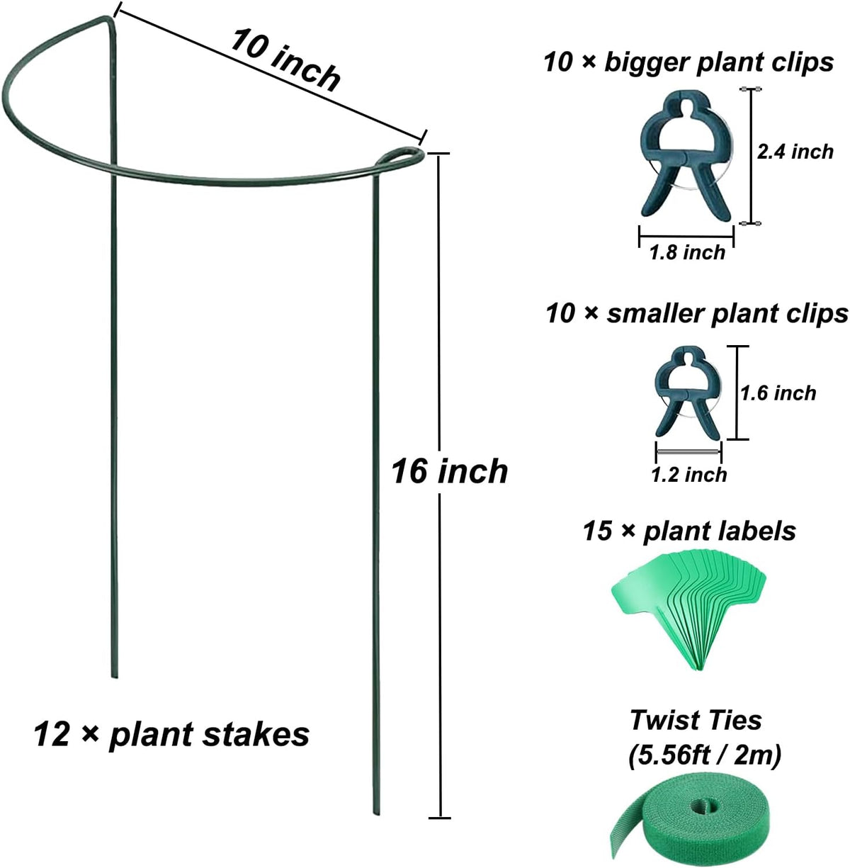 12 Pack Plant Support Stake, 16 Inch Peony Cages and Supports for Outdoor Plants, with 15 Pcs Plant Labels, 20 Pcs Plant Clips, 7ft Plant Ties