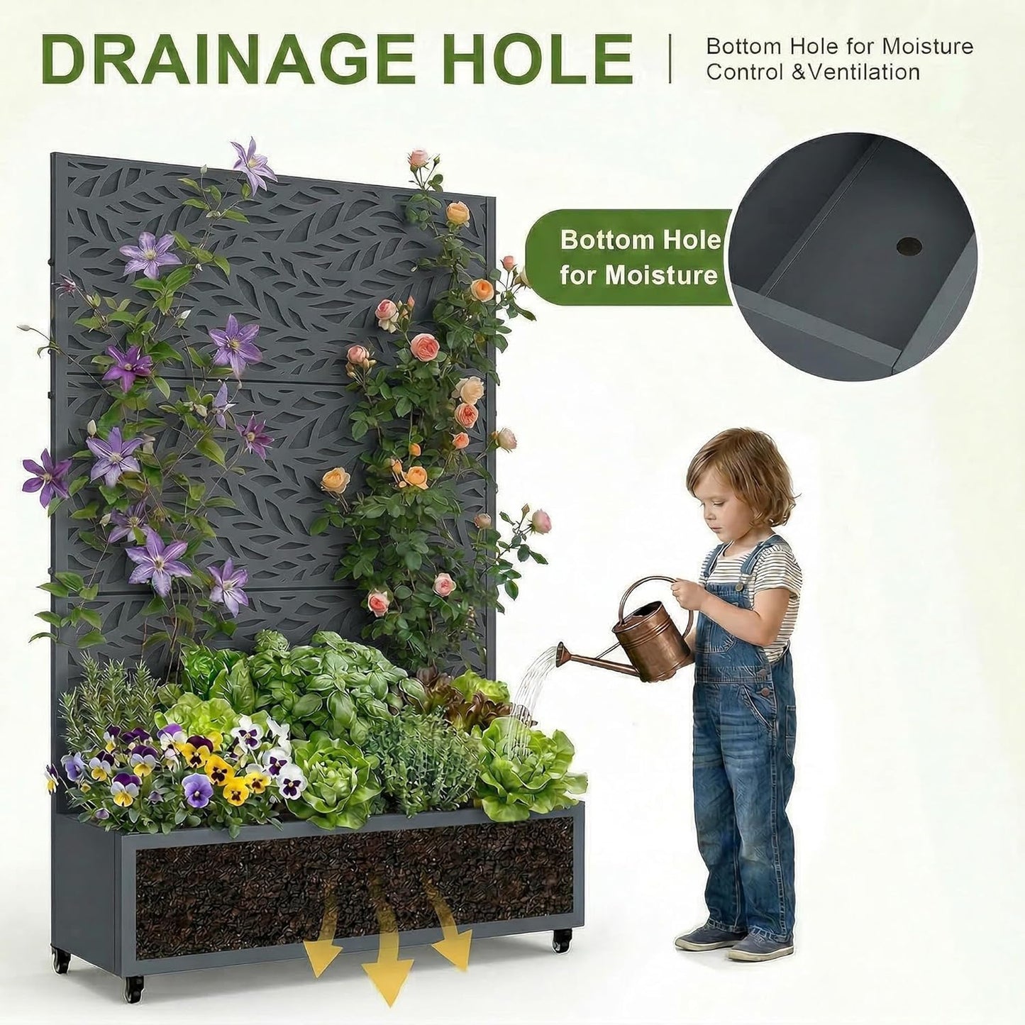 Casaphoria Metal Raised Garden Bed with Trellis and Wheels, 72"x47"x16" Planter Box for Climbing Plants, Vegetables & Vines, Features Drainage Holes and Privacy Screen (Black-Louver) - Colors B