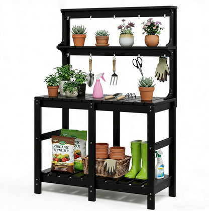 Outdoor Potting Bench with 3 Tier, All-Weather Patio Potting Table with Tool Hooks, HDPE Gardening Table for Backyard, Garden, Brown