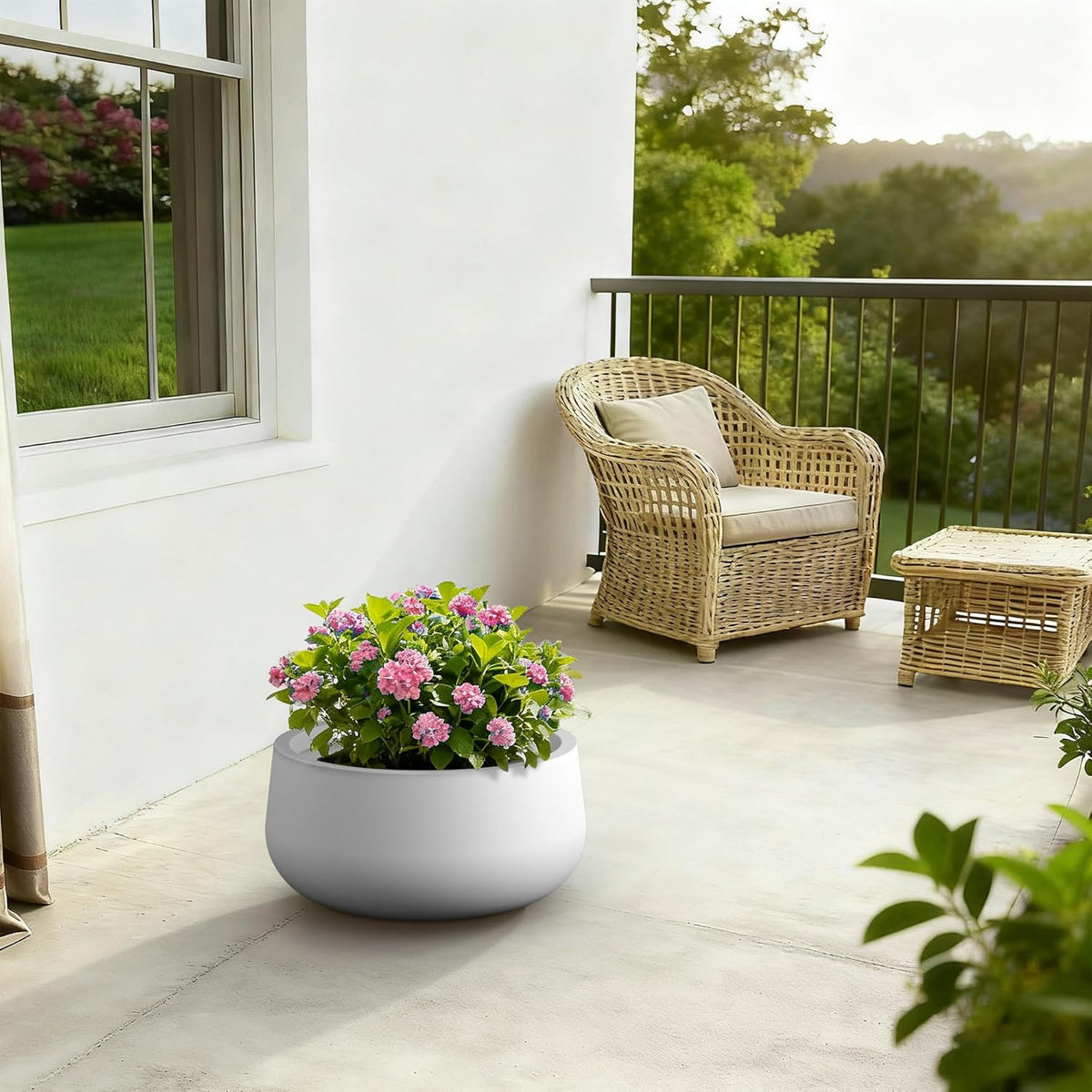 Kante 15.7" Dia Round Concrete Planter, Outdoor Indoor Garden Plant Pots with Drainage Hole and Rubber Plug, Modern Curvaceous Design, Slate Gray