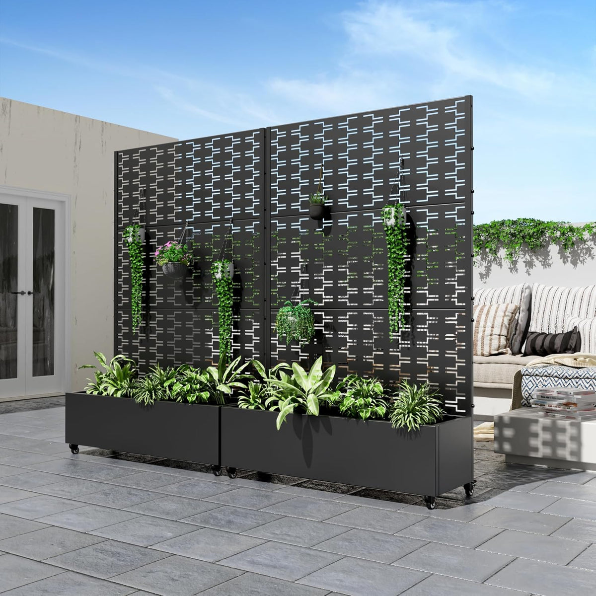 Casaphoria Metal Raised Garden Bed with Trellis and Wheels, 72"x47"x16" Planter Box for Climbing Plants, Vegetables & Vines, Features Drainage Holes and Privacy Screen (Black-Louver) - Colors B