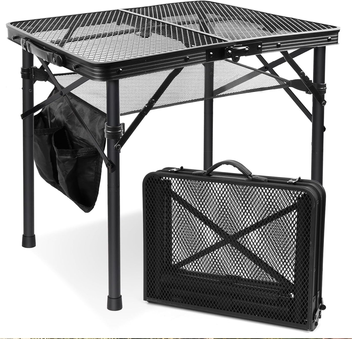 2Ft Small Folding Table with Carry Handle, Camping Table Adjustable Height 10.6–22 in, Black Metal Mesh, Portable & Compact for Outdoor/Indoor,Grill Table, 23.6×15.8 in, 4 lb, 66 lb Capacity