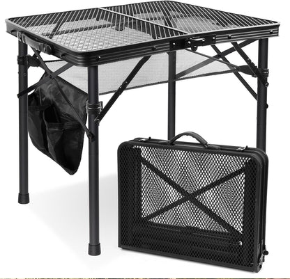 2Ft Small Folding Table with Carry Handle, Camping Table Adjustable Height 10.6–22 in, Black Metal Mesh, Portable & Compact for Outdoor/Indoor,Grill Table, 23.6×15.8 in, 4 lb, 66 lb Capacity