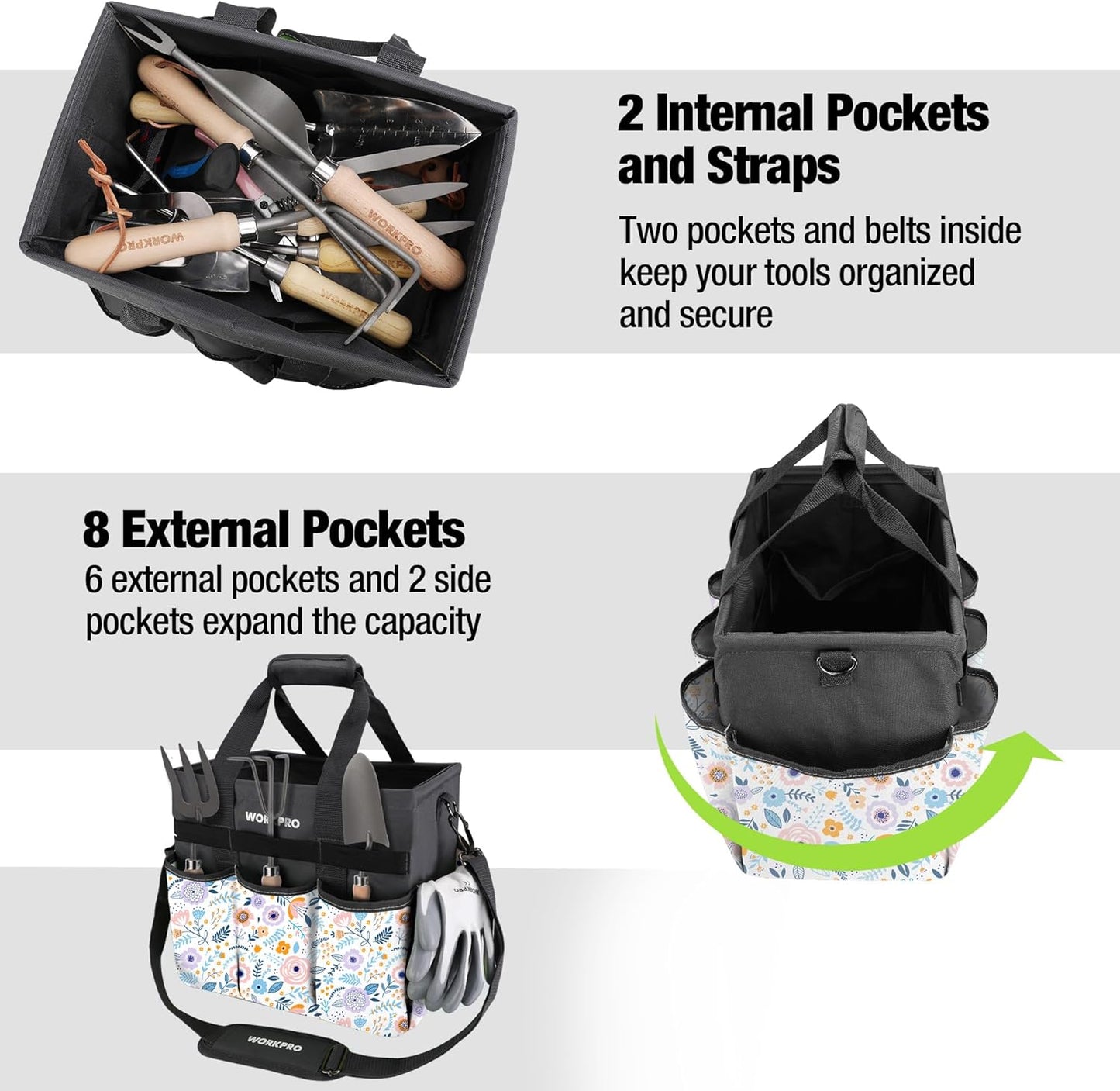WORKPRO Garden Tool Bag Organizer, Heavy Duty Gardening Tote Bag with 10 Pockets and Long Adjustable Shoulder Strap, Standable Garden Home Tool Kits Organizer, Green (Tools are not Included)