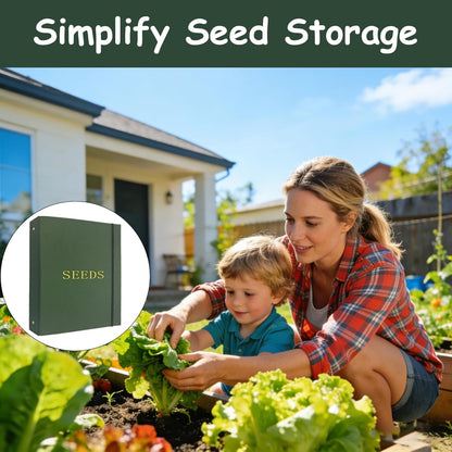 Seed Storage Organizer Binder, 3 Ring Seed Packet Organizer with 100 Pockets(25 Pack Clear Sheet Protectors), Garden Seed Holder Book for Envelopes, Seed Saving Keeper, Green