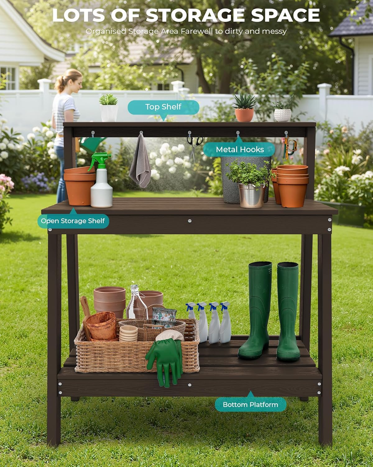 SERWALL Outdoor Potting Bench with Removeable Sink,Rot-Resistant HDPE Potting Table for Outside Gardening, All Weather Use - Gray