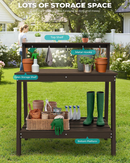 SERWALL Outdoor Potting Bench with Removeable Sink,Rot-Resistant HDPE Potting Table for Outside Gardening, All Weather Use - Gray