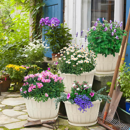 Quarut 14 Inch Plastic-Flower-Pot-for-Indoor-Plants, 4 Pack Large Outdoor Planter Pot with Drainage Holes & Saucers, Resin Decorative Garden Pots Planters（Brown）