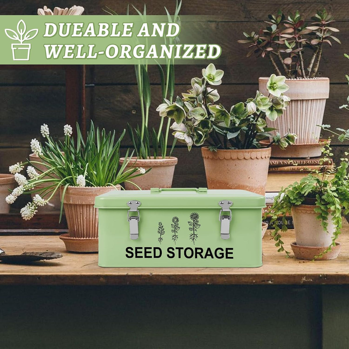 60 Slots Seed Storage Organizer, Metal Seed Saving Box with Lid and Safety Locks, Seeds Storage Container with 60 Seeds Envelopes and 64 Label, 3 Compartments, Perfect for Flower Plants Garden