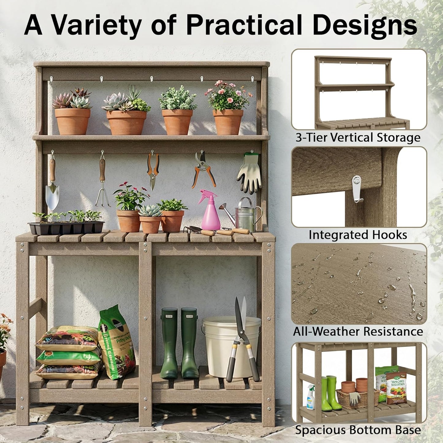 Outdoor Potting Bench with 3 Tier, All-Weather Patio Potting Table with Tool Hooks, HDPE Gardening Table for Backyard, Garden, Brown