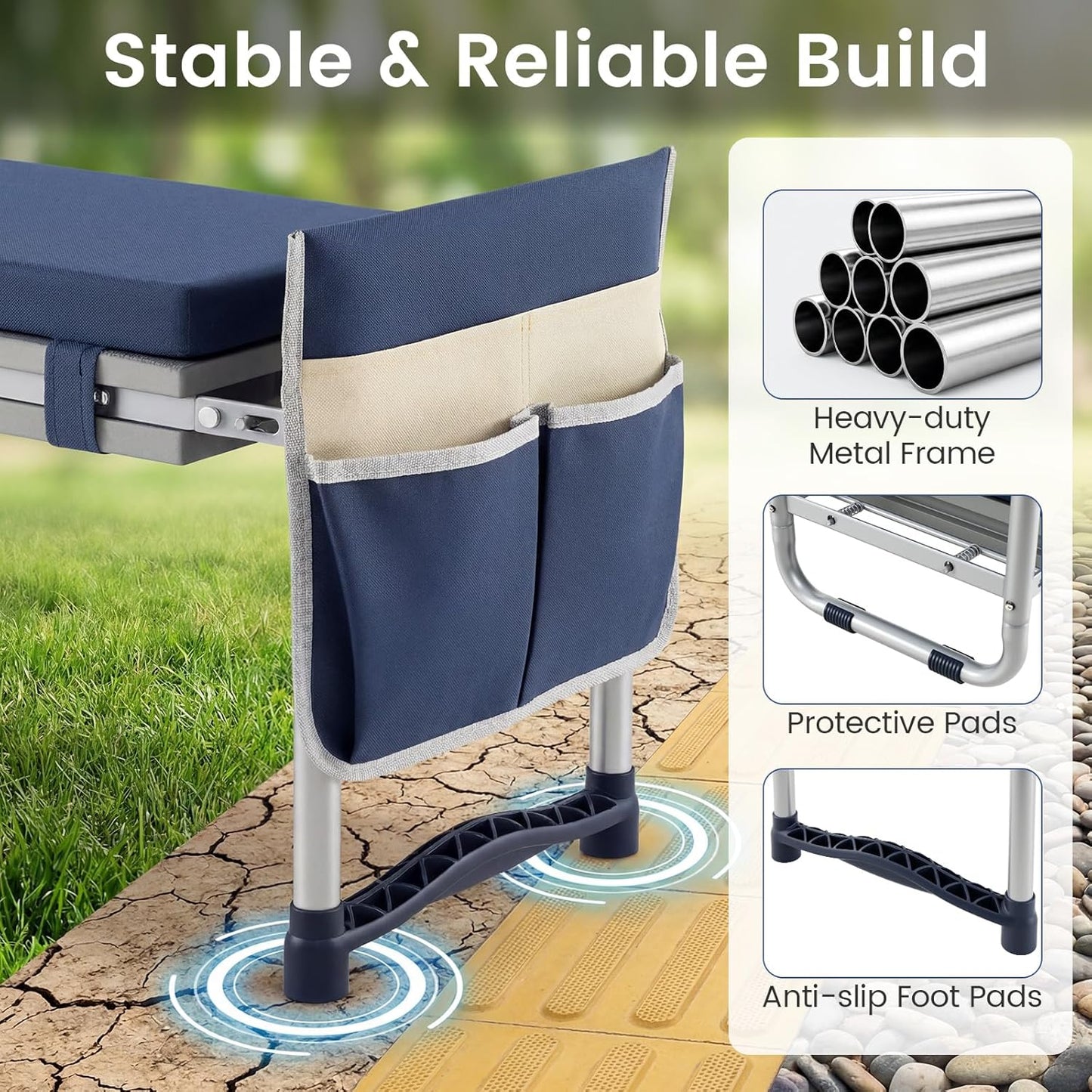 2-in-1 Garden Kneeler & Seat, Folding Seat w/EVA Foam Kneeling Pad & Removable Tools Pouch, Sturdy Steel Frame, No Assembly, Portable Heavy Duty Garden Stool for Women & Men