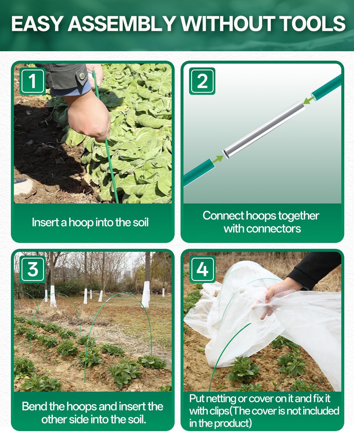 Breeze Touch 25PCS Garden Hoops for Raised Beds, PVC-Coated Greenhouse Hoops for Row Cover & Frost Protection, Rust-Free Garden Tunnel Hoops Kit with Clips, Plant Support for 3.5ft - 4ft Wide Beds