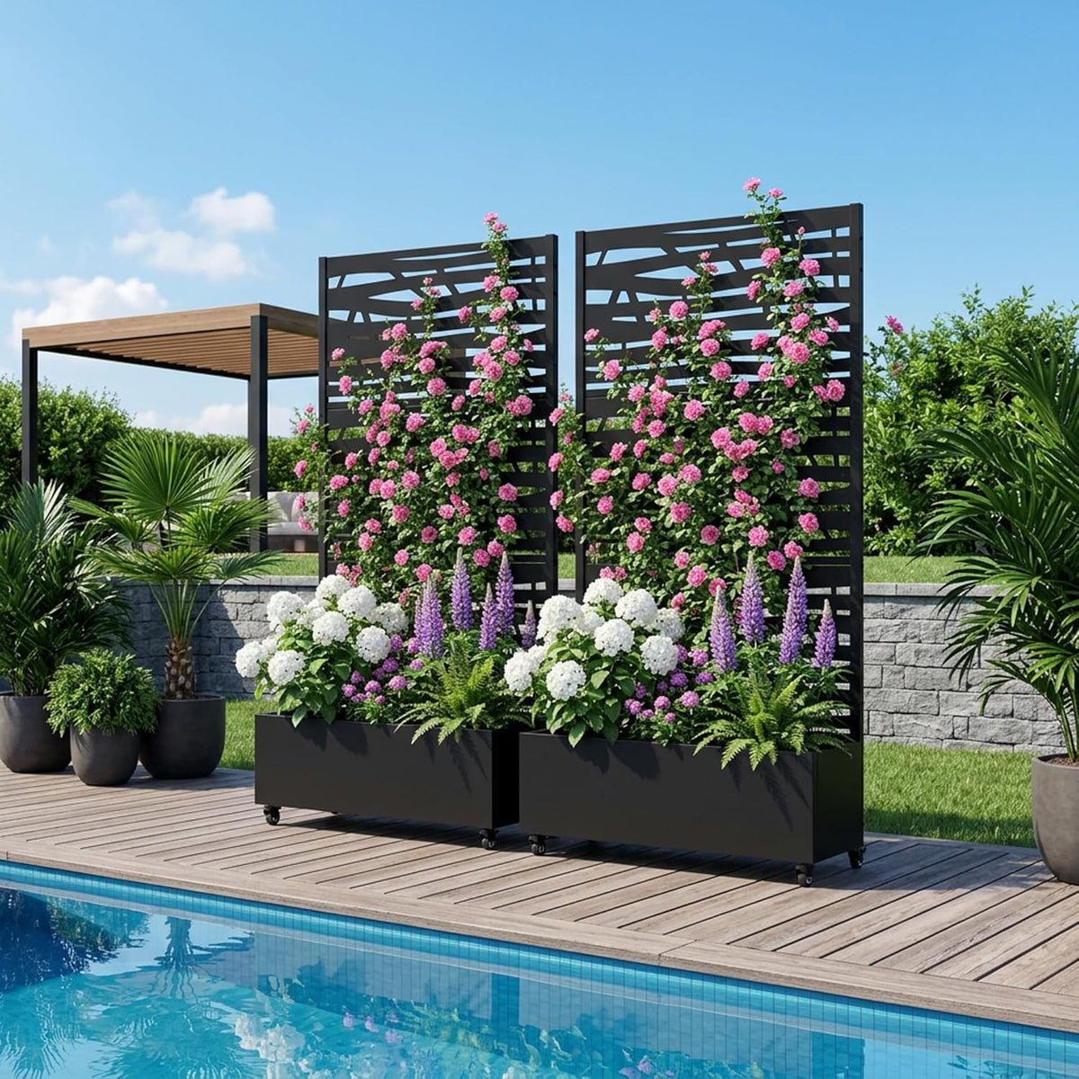 Casaphoria Metal Raised Garden Bed with Trellis and Wheels, 72"x47"x16" Planter Box for Climbing Plants, Vegetables & Vines, Features Drainage Holes and Privacy Screen (Black-Louver) - Colors A