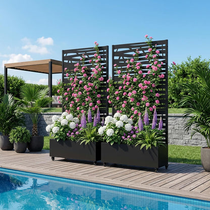 Casaphoria Metal Raised Garden Bed with Trellis and Wheels, 72"x47"x16" Planter Box for Climbing Plants, Vegetables & Vines, Features Drainage Holes and Privacy Screen (Black-Louver) - Colors A