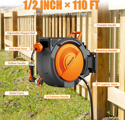 5/8" × 110 ft Retractable Hose Reel, Heavy Duty Retractable Garden Hose Reel Wall Mounted with 10-Pattern Hose Nozzle/Any Length Lock/Slow Return System/180°Swivel Bracket